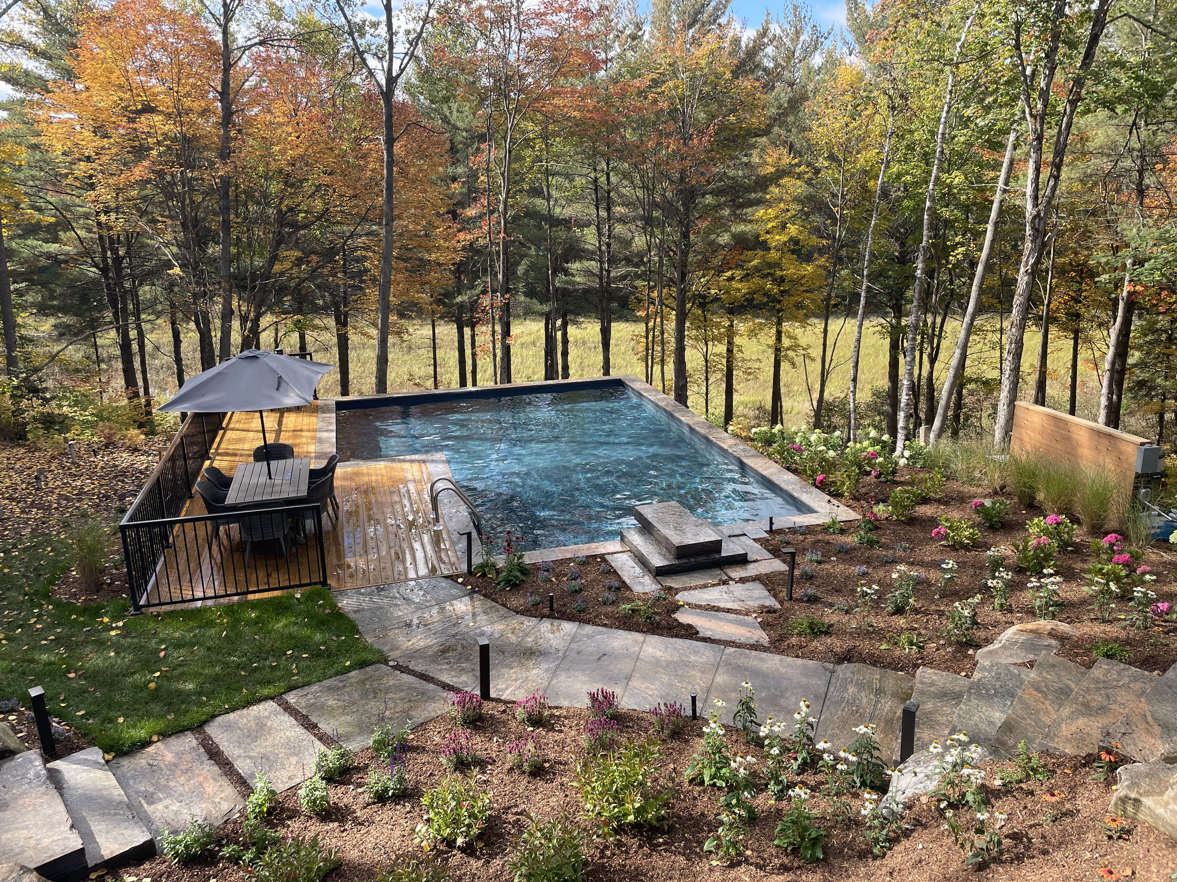 Completed in-ground pool in a wooded area.