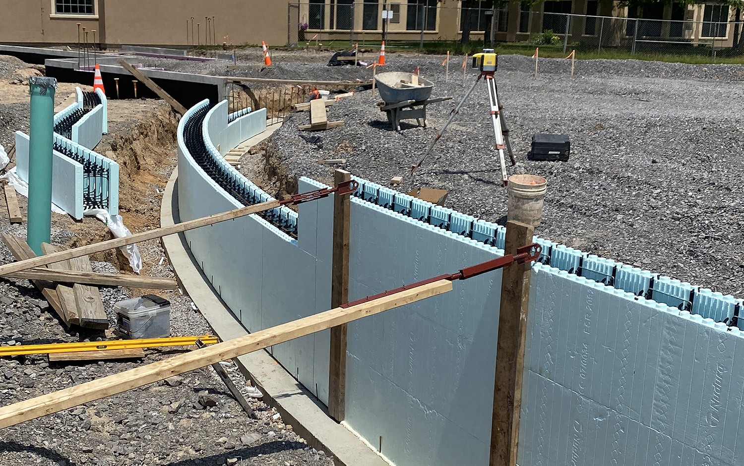 curved concrete wall with icfs and bracing