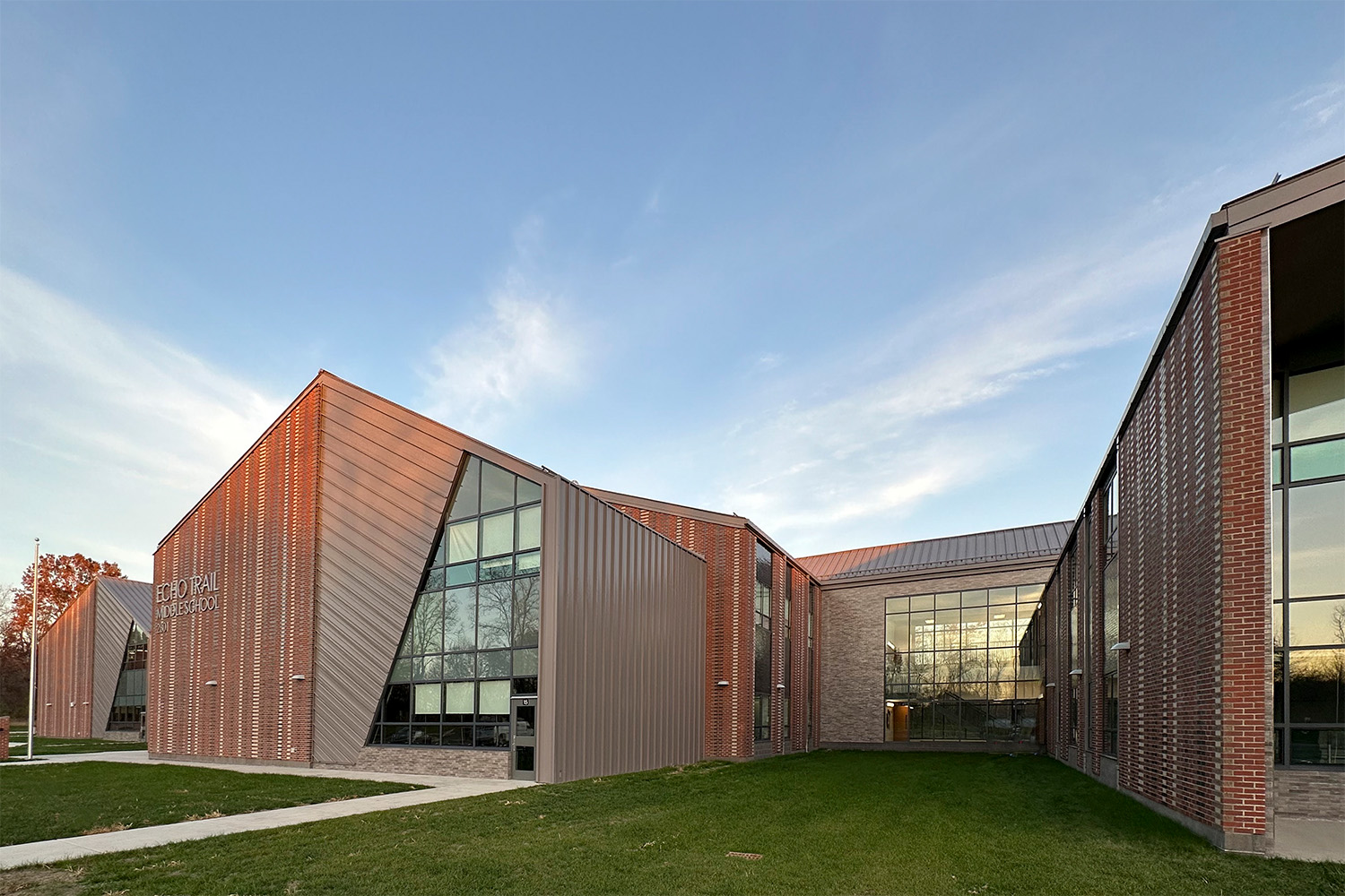 Exterior of geometric school building.