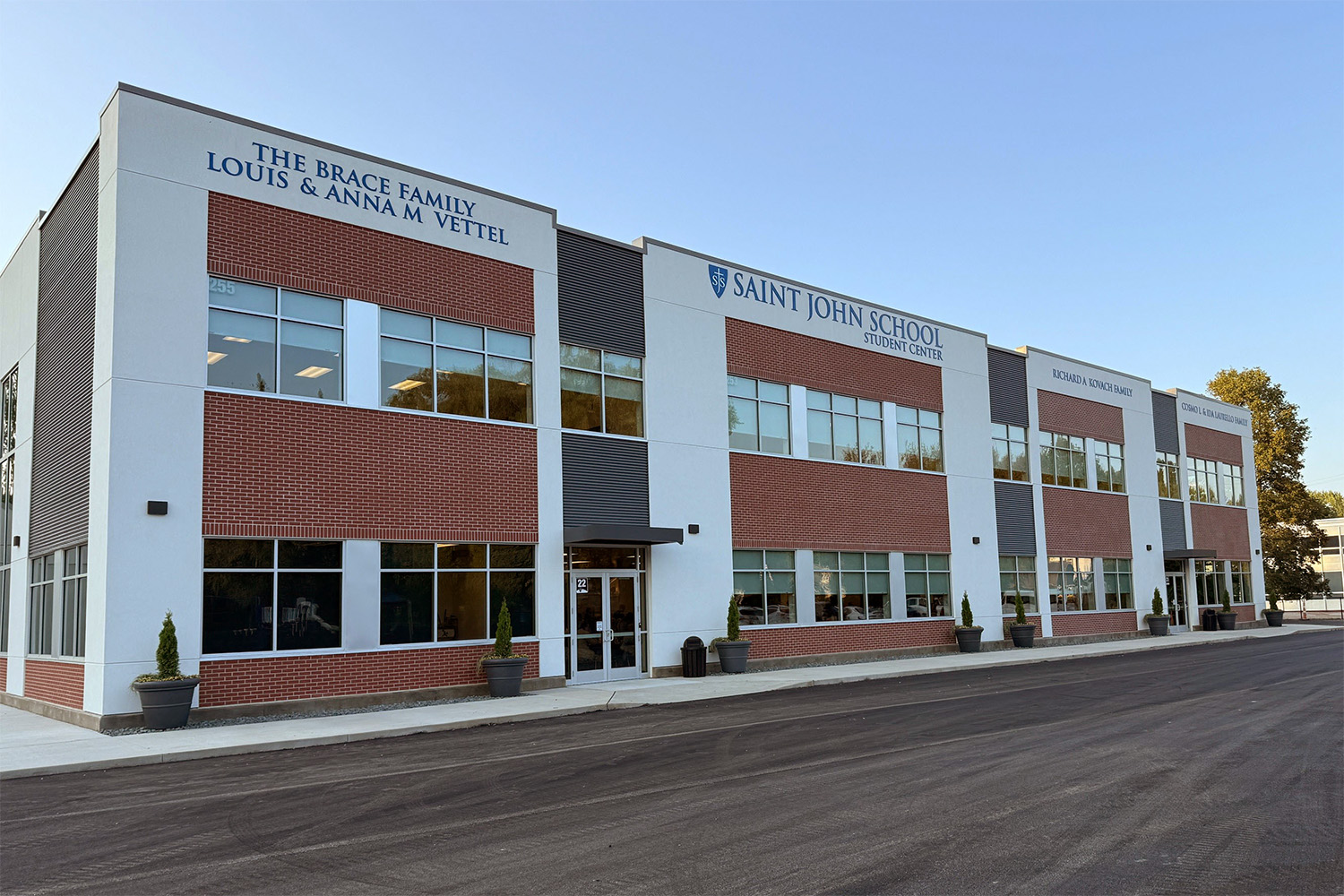 Exterior of school with brick veneer and EIFS.